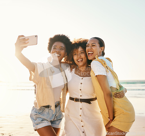 Image of Happy, selfie and women with friends at beach for support, social media and diversity. Smile, relax and profile picture with group of people in nature for community, peace and summer vacation