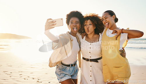 Image of Funny, selfie and women with friends at beach for support, social media and diversity. Smile, relax and profile picture with group of people in nature for community, peace and summer vacation