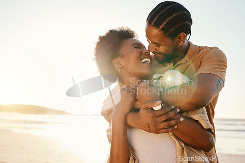 Image of Beach sunset, sunshine or black couple hug, laugh and enjoy fun time together, funny joke or relationship humour in DRC. Comedy, flare or hugging African people connect, care and bond on holiday date