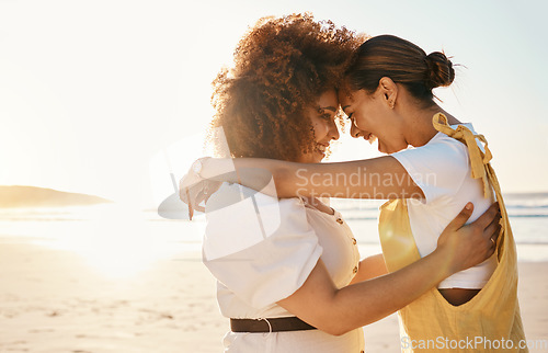 Image of Love, mockup and an lgbt couple on the beach together for romance or relationship bonding on a date. Sunset, nature and a gay woman with her lesbian girlfriend by the sea or ocean for their honeymoon