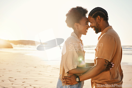 Image of Beach sunset, forehead and laughing black couple bonding, connect and enjoy relax summer, funny joke or honeymoon together. Romantic love, flare and African people on holiday, intimate date or travel