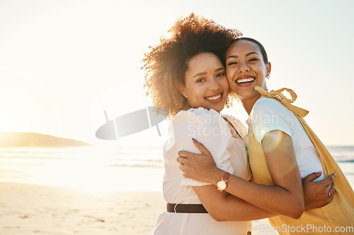 Image of Portrait, lgbt couple hugging on the beach at sunset together for romance or bonding on a date. Mockup, love and a gay woman with her lesbian girlfriend by the sea or ocean for honeymoon vacation