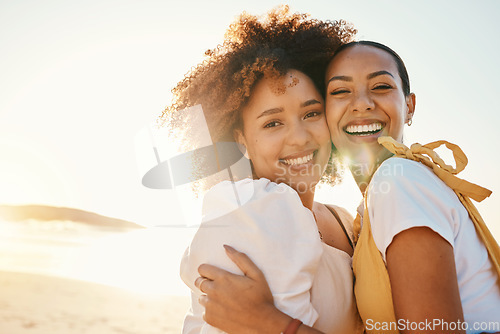 Image of Portrait, sunset and a gay couple hugging on the beach together for romance or bonding on a date. Face, love and a gay woman with her lesbian girlfriend by the sea or ocean on nature mockup space