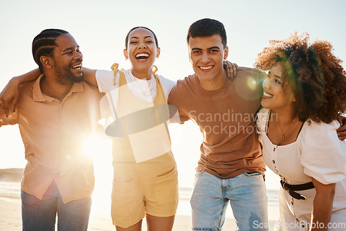 Image of Beach sunset, happy and group of friends hug, smile and enjoy travel vacation, summer freedom or tropical adventure. Solidarity, portrait and young people excited, bond and laugh on student getaway