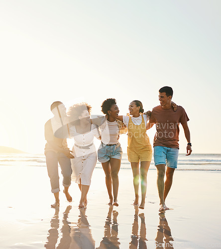 Image of Summer, space and travel with friends at beach for freedom, support and sunset. Wellness, energy and happy with group of people walking by the sea for peace, adventure and Hawaii vacation mockup