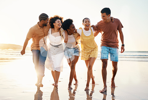 Image of Summer, happy and travel with friends at beach for freedom, support and sunset. Wellness, energy and relax with group of people walking by the sea for peace, adventure and Hawaii vacation together