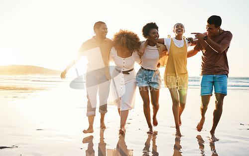 Image of Summer, vacation and travel with friends at beach for freedom, support and sunset. Wellness, energy and happy with group of people walking by the sea for peace, adventure and Hawaii holiday mockup