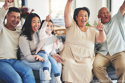 Image of Happy family, child or grandparents in celebration for sports in home living room watching tv together. Grandfather, score or excited mother cheering with dad, kid fan or grandmother for goal success