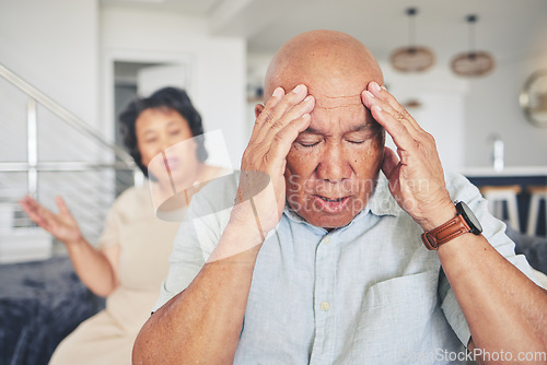 Image of Headache, man or frustrated old couple fight with stress for marriage problem, breakup or bad communication. Anxiety, home or angry senior people in conflict or betrayal of cheating drama or divorce