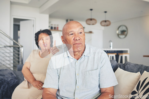 Image of Thinking, man or frustrated old couple fight with stress for marriage problem, breakup or bad communication. Shouting, home or angry senior people in conflict or betrayal of cheating drama or divorce