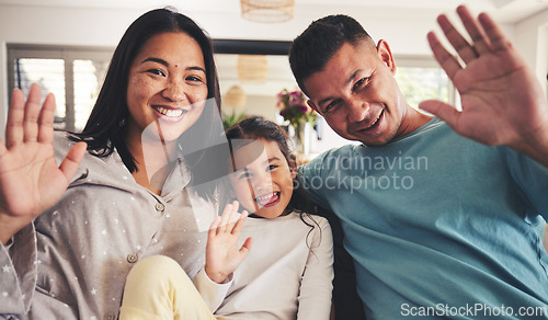 Image of Parents, girl and wave in video call, portrait and smile for hello, contact and relax in family home. Asian father, mother and daughter with hand, sign language and greeting for respect in Jakarta