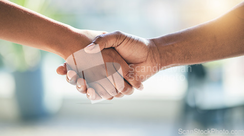 Image of Handshake, welcome and shaking hands by people meeting for partnership or agreement together as a team with trust. Greeting, accept and thank you or hello gesture for deal, collaboration and support