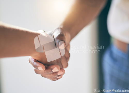 Image of Handshake, agreement and hands of people meeting introduction for partnership together as a team with trust. Greeting, accept and thank you or welcome gesture for deal, collaboration and support