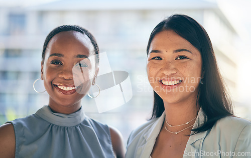 Image of Diversity, smile and portrait of women employees happy together for teamwork in an office or corporate company. Smile, confident and proud business people or friends in partnership at workplace