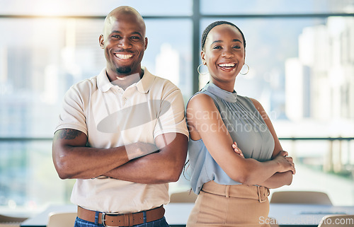 Image of Smile, crossed arms and portrait of business people in the office with confidence and happiness. Young, pride and face of team of professional African creative designers standing in modern workplace.