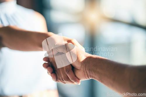 Image of Handshake, introduction and hands of people meeting for partnership or agreement together as a team with trust. Greeting, accept and thank you or welcome gesture for deal, collaboration and support