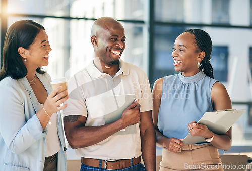 Image of Team building, meeting and friends, diversity and happy people in the workplace, casual conversation and laughing together. Business, corporate group and share ideas, professional and funny talk