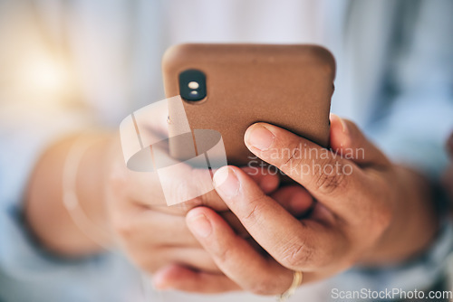 Image of Hands, closeup and smartphone, typing and chat with communication and network, social media and contact. Person using phone, text message or email with internet search, connectivity and mobile app