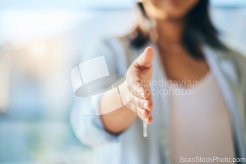 Image of Closeup hand, business and woman with handshake, partnership and agreement with professional, b2b meeting and welcome. Hello, person and employee shaking hands for cooperation, onboarding and deal