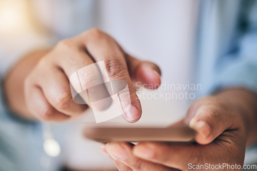Image of Phone, finger and hands typing online for social media, browse internet and scrolling website. Technology, networking and closeup of person on smartphone for connection, chatting and mobile app