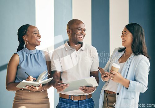 Image of Collaboration, meeting and friends, diversity and happy people in the workplace, casual conversation and laughing together. Business team, corporate group and share ideas, professional and funny talk