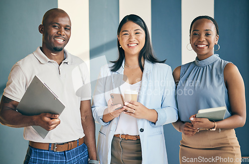 Image of Smile, happy and portrait of business people in the office with confidence and happiness. Diversity, career and face of a team of professional young creative designers standing in a modern workplace.