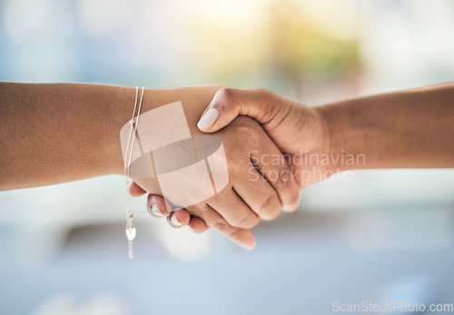 Image of Handshake, agreement and shaking hands of people meeting for partnership or agreement together as team with trust. Greeting, accept and thank you or welcome gesture for deal, collaboration or support