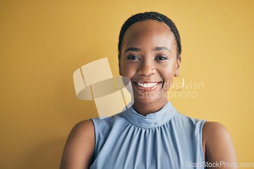 Image of Face, happy and black woman, designer and entrepreneur in studio isolated on a yellow background mockup space. Portrait, smile and creative African professional, worker or startup employee in Kenya