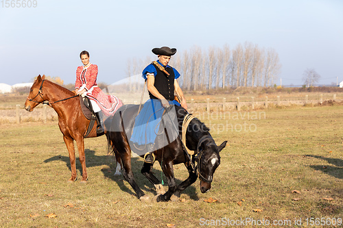 Image of Hungarian csikos horseman in traditional folk costume