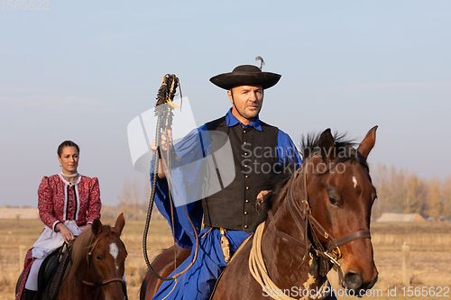 Image of Hungarian csikos horseman in traditional folk costume