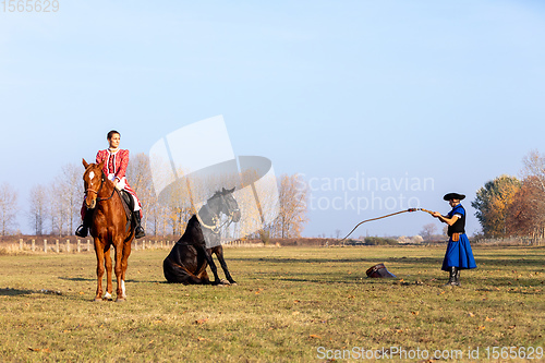 Image of Hungarian csikos horseman in traditional folk costume