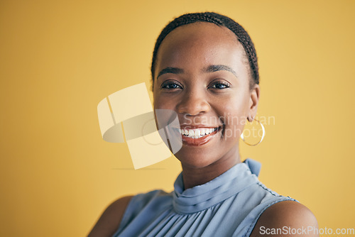 Image of Portrait, business and black woman with a smile, career and entrepreneur on a yellow studio background. Face, happy person and employee with a startup, professional and empowerment with mockup space