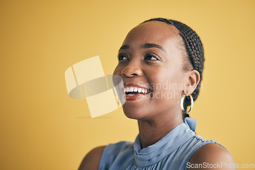 Image of Thinking, smile and black woman in creative business studio isolated on a yellow background mockup space. Vision, happy and African designer, entrepreneur and employee worker planning startup idea.