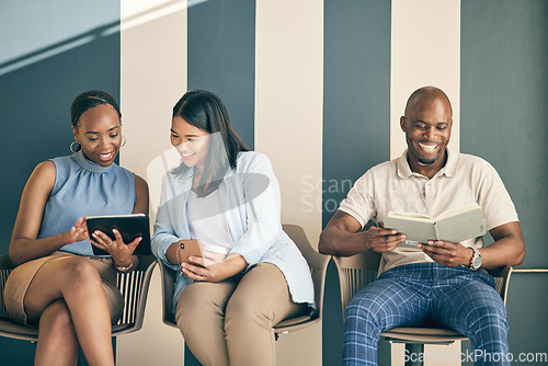 Image of Business people, waiting room and tablet for job search, communication and collaboration or teamwork in marketing. Happy professional man and woman on digital tech, notebook and recruitment planning