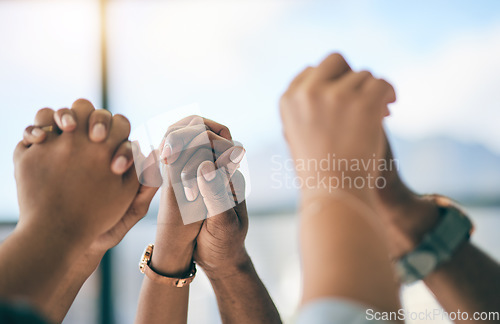 Image of Hands, support and motivation with a business team in their office for success, unity or solidarity. Target, teamwork or collaboration with an employee group at work for partnership or celebration