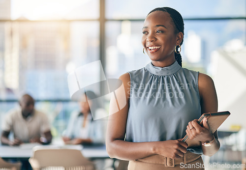 Image of Black woman in office with tablet, smile and mockup, leadership in business meeting with professional. Workshop, project management and happy businesswoman with digital device, space and confidence.