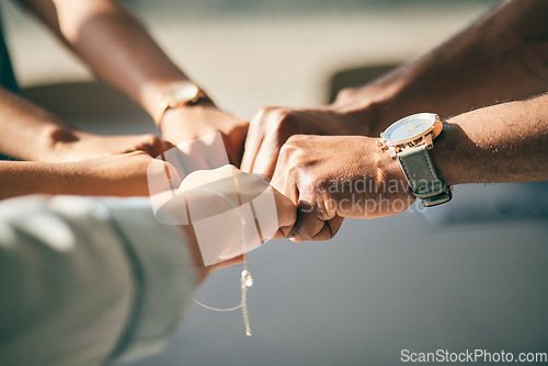 Image of Hands, fist bump and business people, mission and collaboration with support, target goals and closeup. Meeting, team building and agreement, synergy and plan together with community and partnership