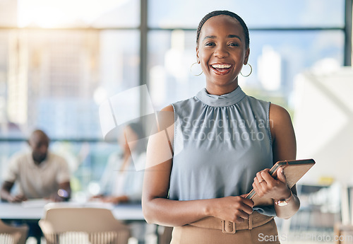 Image of Portrait of black woman in office with tablet, smile and leadership in business meeting in professional space. Workshop, management and happy businesswoman with digital device, mockup and confidence.