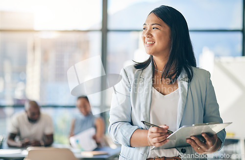 Image of Asian woman in office with clipboard, smile and leadership with business meeting schedule in professional space. Workshop, management and happy businesswoman with checklist, mockup and confidence.