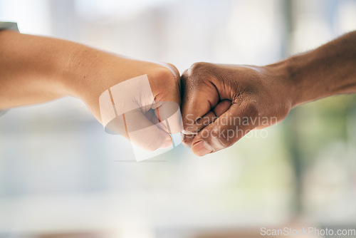 Image of Fist bump, closeup and partnership, team and support with success, target goals and people working together. Cooperation, community and collaboration, hands and emoji with trust and business growth