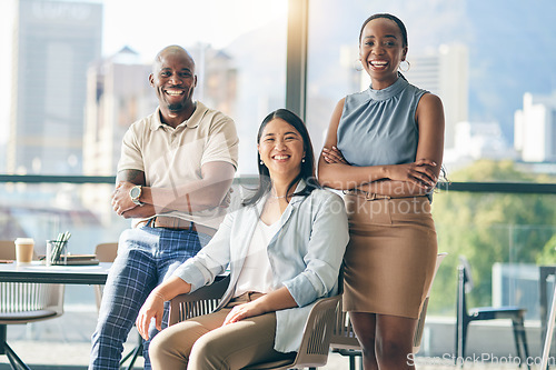 Image of Team in portrait, meeting and diversity with happy people in the workplace together, mission and community. Business, corporate group and professional office, trust and support, smile and coworking