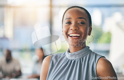 Image of Portrait of black woman in office with mockup, smile and leadership in business meeting with professional. Workshop, project management and happy face of businesswoman, mentorship and confidence.