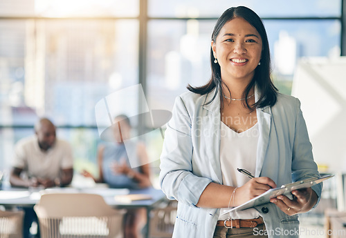 Image of Portrait of Asian woman in office with tablet, smile and leadership in business meeting in professional space. Workshop, management and happy businesswoman with digital device, mockup and confidence.