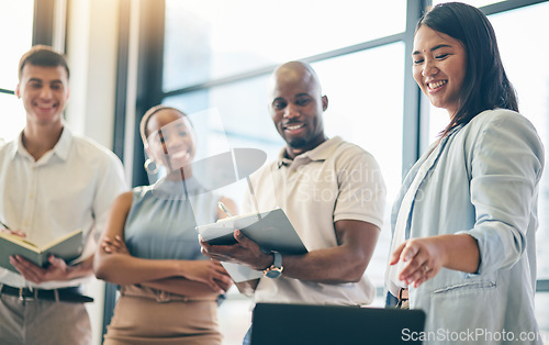 Image of Meeting, business people with woman in leadership and notes for training, motivation and collaboration. Teamwork, men and women in office with notebook, feedback presentation and workshop with mentor