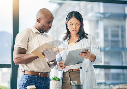 Image of Teamwork, tablet and consulting with business people in office for meeting, planning and professional. Collaboration, project management and solution with employees in agency for strategy and advice