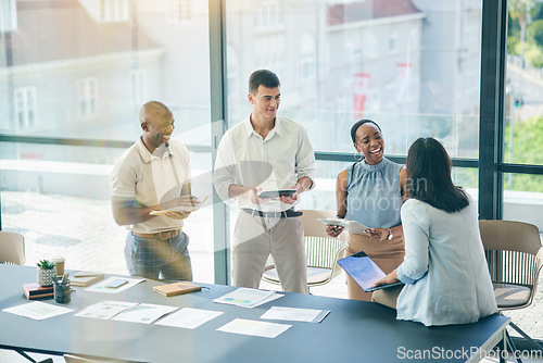 Image of Talking, meeting and business people planning together for teamwork, project or company collaboration. Agenda, office and corporate employees speaking about brainstorming, ideas or our vision