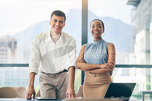 Image of Teamwork, smile and portrait of business people in office for meeting, planning and professional. Collaboration, project management and solution with employees in agency for strategy, pride and idea