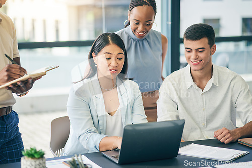 Image of Laptop, woman or business people in meeting for an online strategy or planning in discussion together. Teamwork, leadership or female manager talking about sales growth in digital agency or company