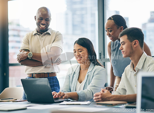 Image of Business people, meeting and teamwork on laptop for collaboration, planning and marketing research or training. Professional manager or woman typing on computer for project support and management