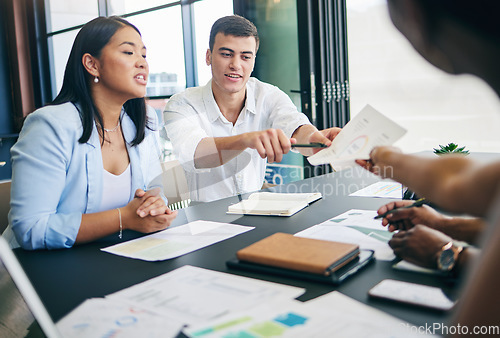 Image of Meeting, b2b and business people with statistics, paperwork and proposal for contract, motivation and collaboration. Teamwork, men and women at office desk with interview, documents and feedback.